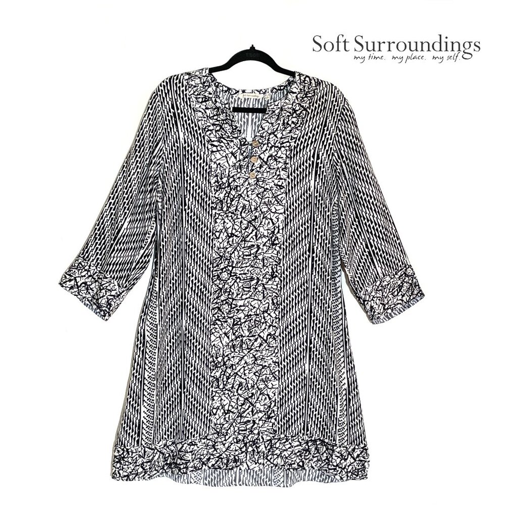 Soft Surroundings Women's Raven Dress Size L Rayon Henley Button Mixed Geo Print